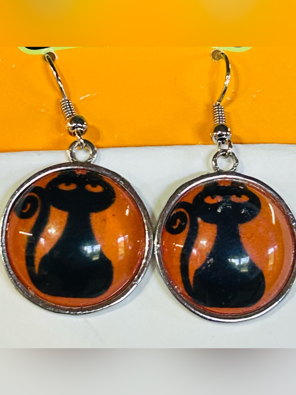 Halloween Black Cat Round Glass Bezel Set Silver Tone Hook Earrings